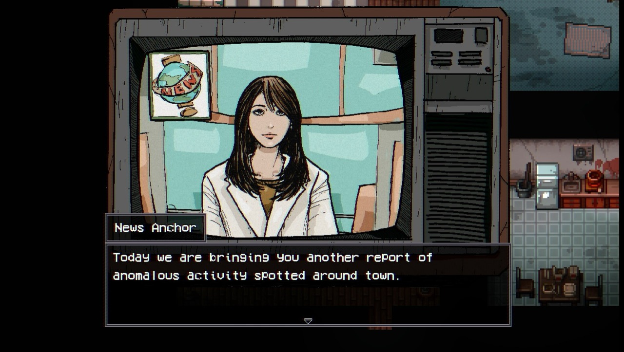 Official Welcome to Elderfield screenshot of a TV news broadcast inside a house